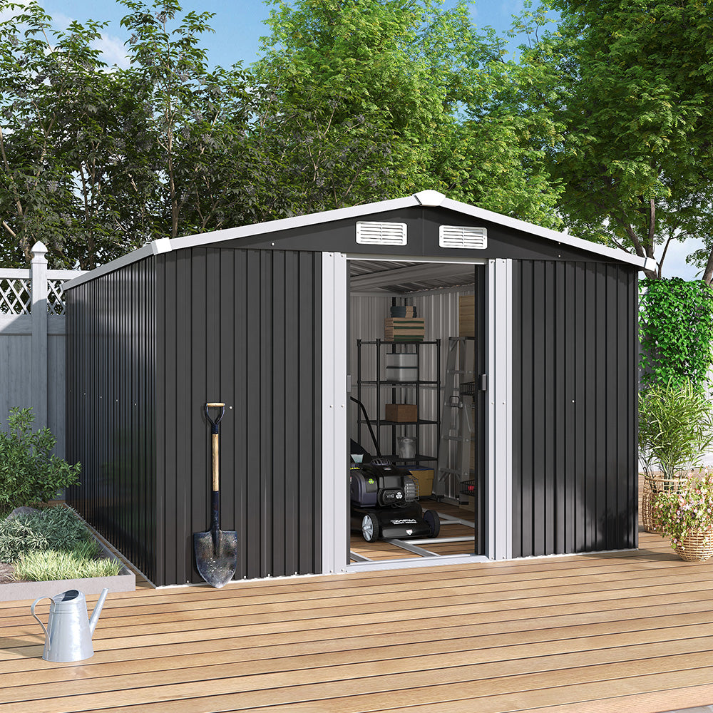 10x8ft black metal garden storage shed with gable roof in outdoor setting